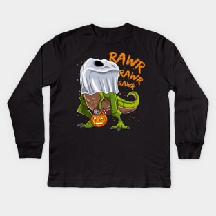 Trick Rawr Trick Halloween Dinosaur Ghost T Rex Kids Long Sleeve T-Shirt